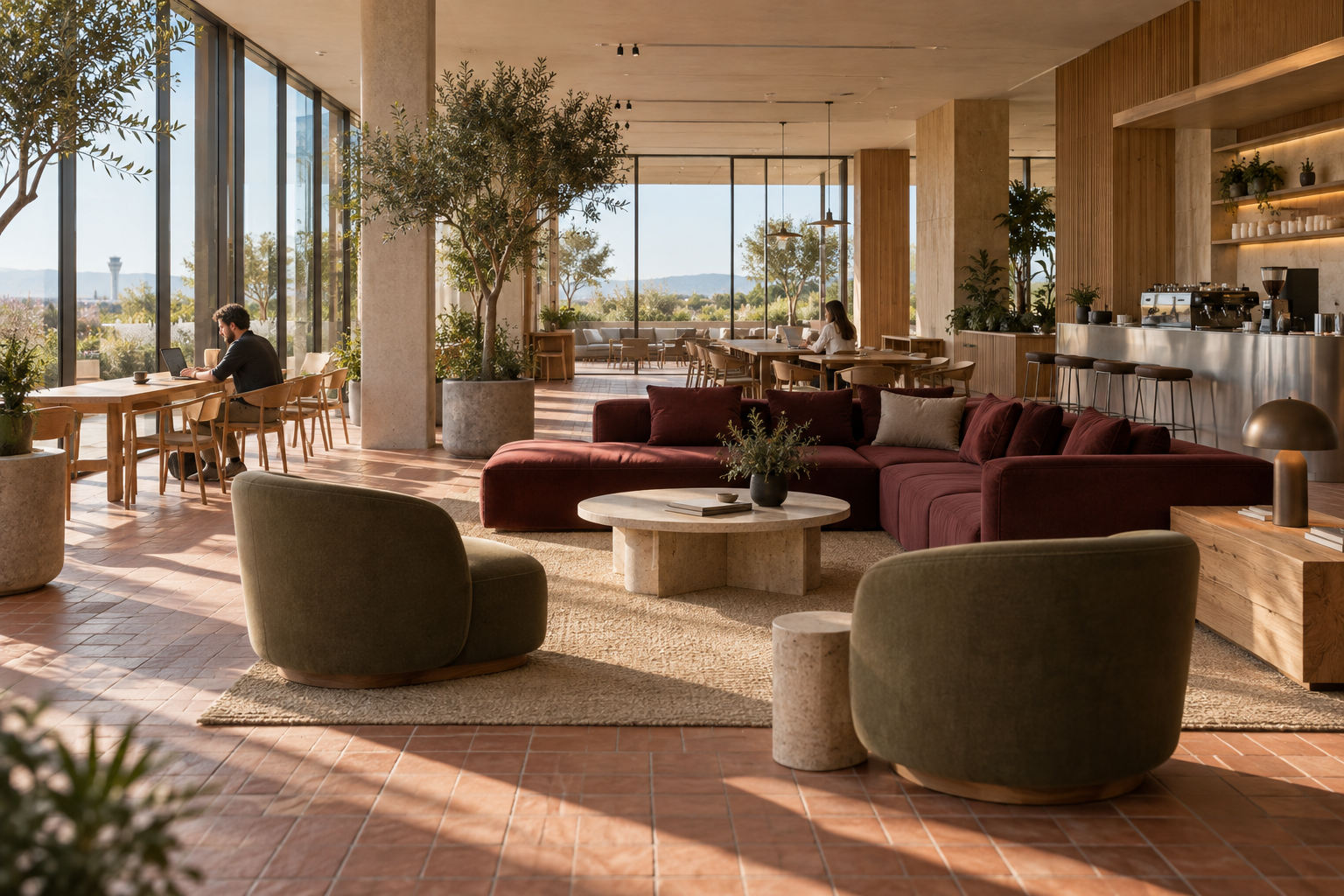 Visualización conceptual de un lounge SuitesMeet con madera, sofás y espacios para trabajar